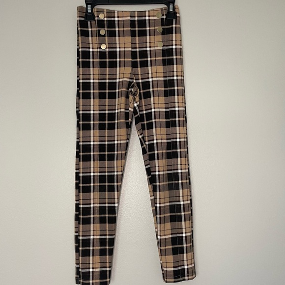 Zara Plaid Print Leggings with Gold Button Decor - Picture 1 of 8